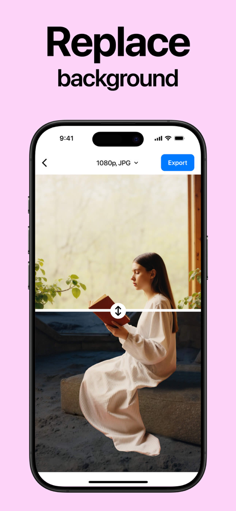 AI Background Removerㅤ - Interface do aplicativo Removedor de Fundo IA mostrando o recurso de substituição de fundo em uma foto de uma mulher