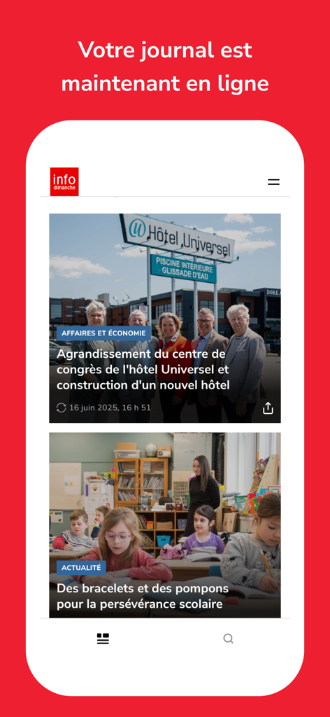 infodimanche - Aplicativo de notícias Infodimanche exibindo um feed de artigos de notícias locais de Quebec