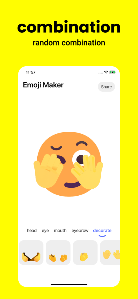 Emoji Maker-Create stickers - Interfaccia dell'app Emoji Maker che mostra il processo di creazione di un'emoji personalizzata combinando diverse caratteristiche facciali e decorazioni per le mani