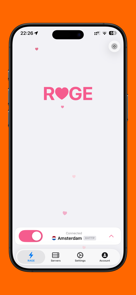 RAGE - Unlimited Access - RAGE VPN mobile app interface showing a connected status to an Amsterdam server with a pink toggle switch and heart-themed branding.