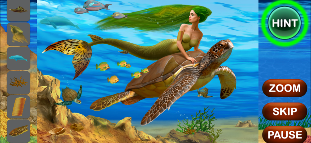 Mermaid Hidden Objects - Mermaid riding a sea turtle in an underwater hidden object game