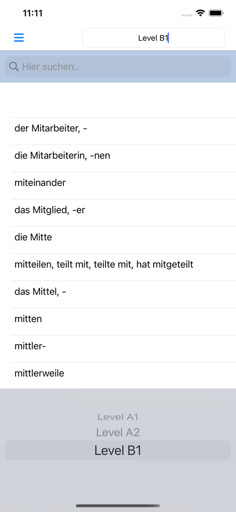 Wortschatz Deutsch A1 A2 B1 - German vocabulary list for level B1 showing words and search tool