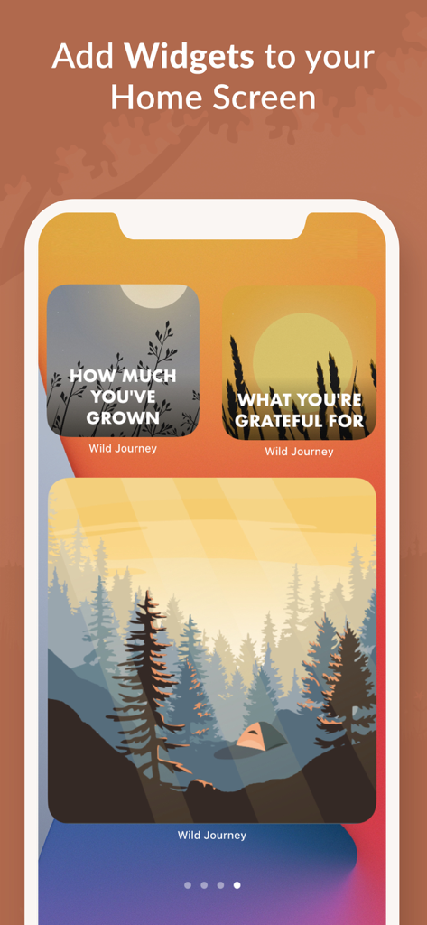 Wild Journey - Nature Sounds - Una colección de widgets bellamente ilustrados para la pantalla de inicio de iOS de la aplicación Wild Journey que muestran estadísticas de mindfulness y paisajes naturales
