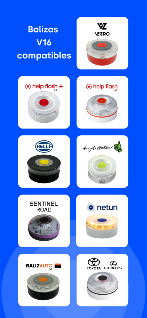 myIncidence - Una muestra de balizas de emergencia V16 compatibles para la aplicación de seguridad vial myIncidence, incluidas marcas como Help Flash, Hella y Netun.