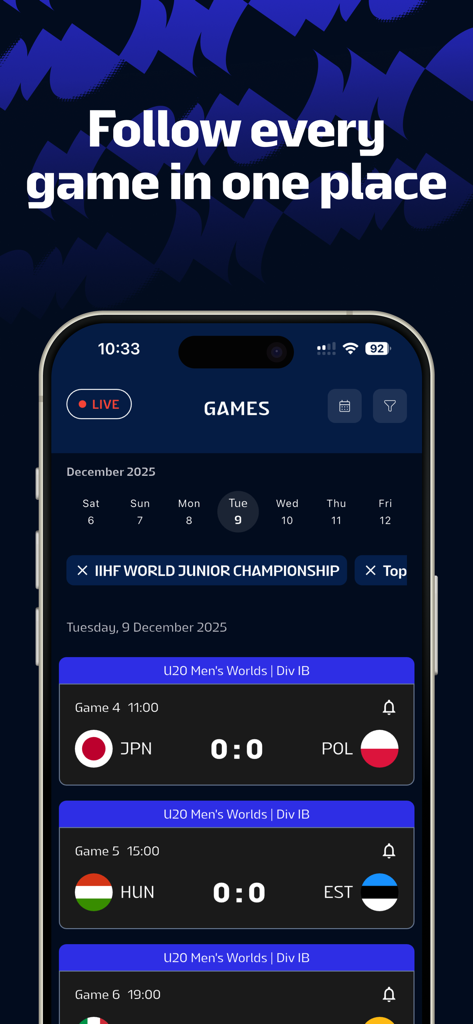 La aplicación IIHF 2026 mostrando el calendario de partidos de hockey sobre hielo internacional y los marcadores en vivo