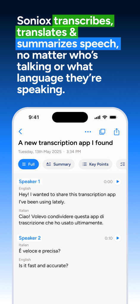 Interfaz de la aplicación Soniox mostrando transcripción y traducción de voz a texto en tiempo real.