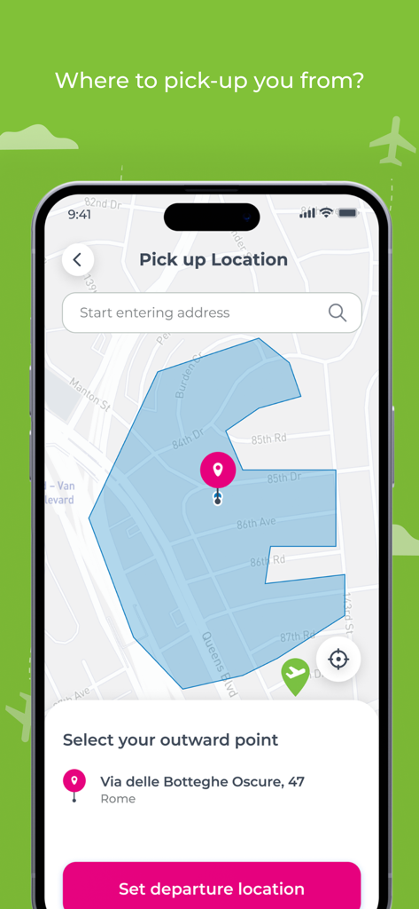 Flibco app screen displaying a map for selecting a pickup location in Rome