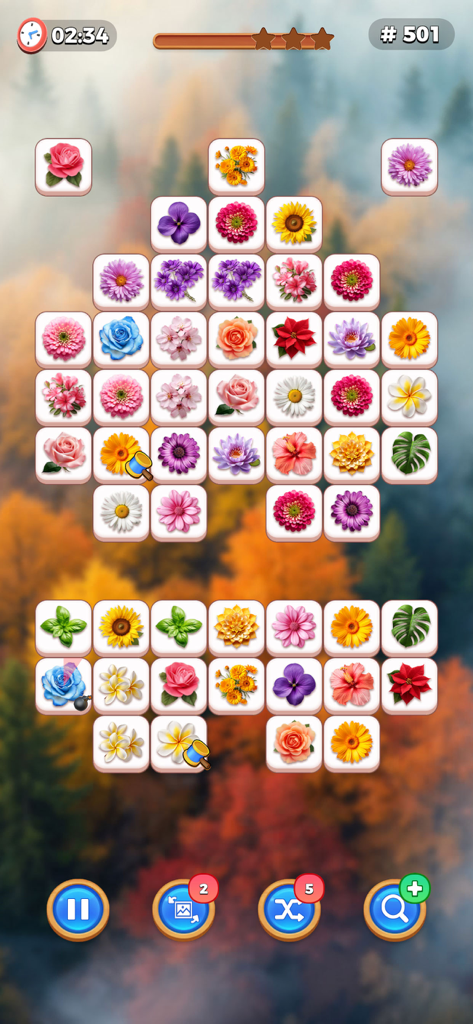 Zen Flower - Tile Match Game - Gameplay screen of Zen Flower Tile Match Game featuring colorful floral tiles and an autumn forest background