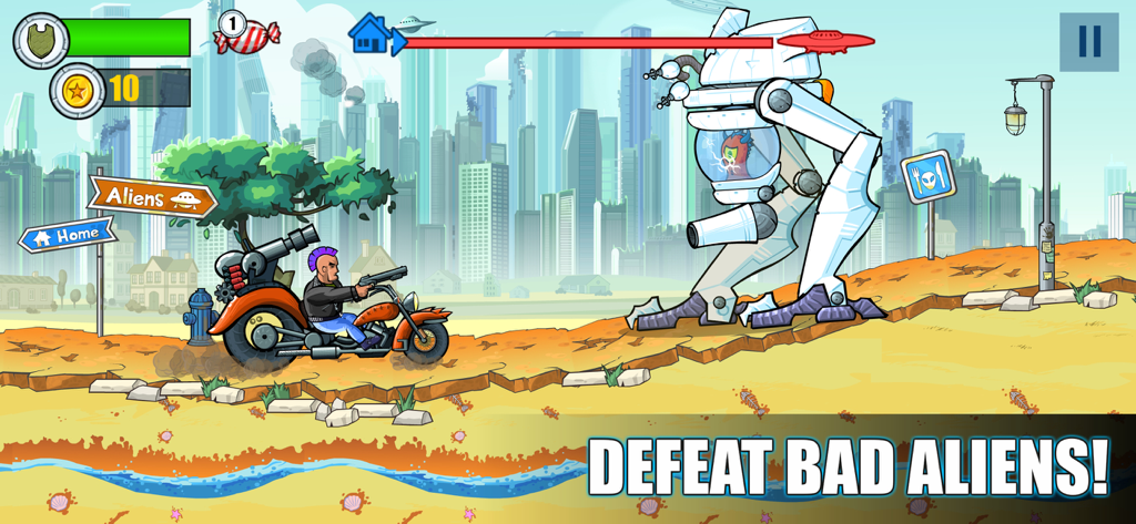 Mad Day - Truck Distance Game - A character on a weaponized motorcycle fighting a giant alien robot in Mad Day