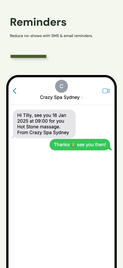 Ovatu - A mobile screenshot of the Ovatu app showing an automated SMS appointment reminder sent to a spa client