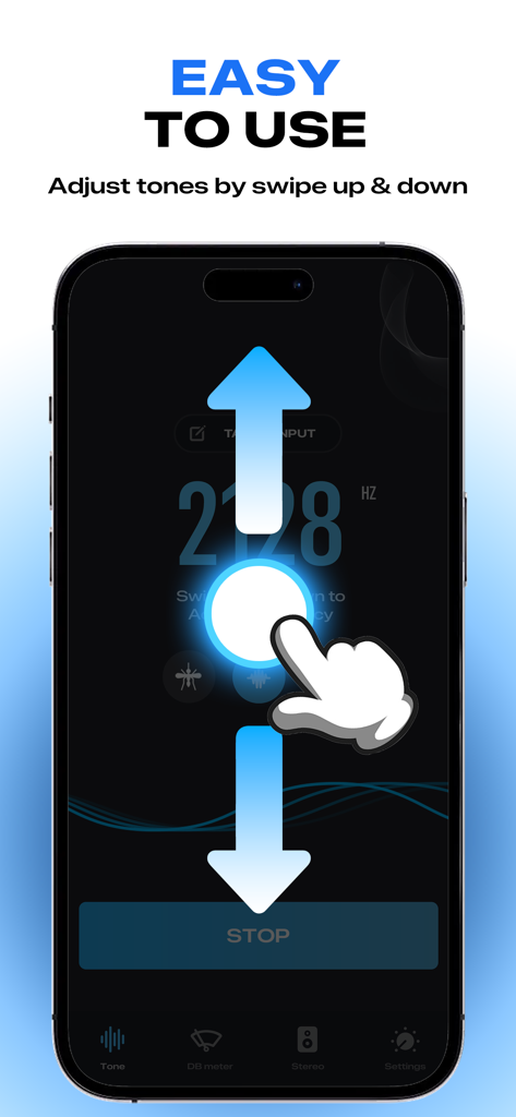 Sonic Pitch Sound Generator - Eine Hand wischt auf einem Smartphone-Bildschirm nach oben und unten, um die Schallfrequenz in der Sonic Pitch App anzupassen