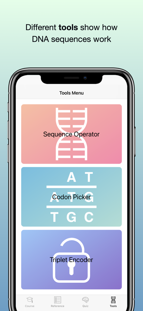 Codon One: Learning Biology - Interface of the Codon One app showing the tools menu with Sequence Operator and Codon Picker