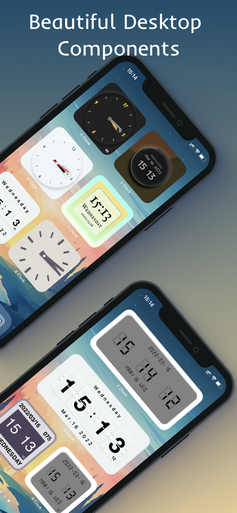 X Clock - Live in the present - A variety of aesthetic analog and digital clock widgets displayed on iPhone home screens.