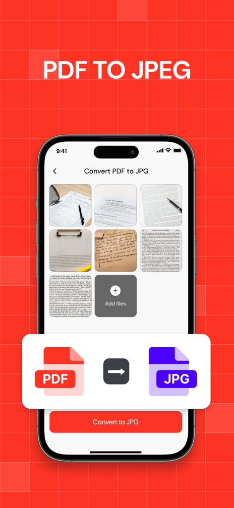 Interfaz de aplicación móvil mostrando el proceso de conversión de documentos PDF en imágenes JPEG.