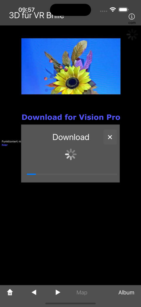 3D for VR Glass - A mobile app screen showing a 3D image of a sunflower with a download for Vision Pro pop-up and progress bar