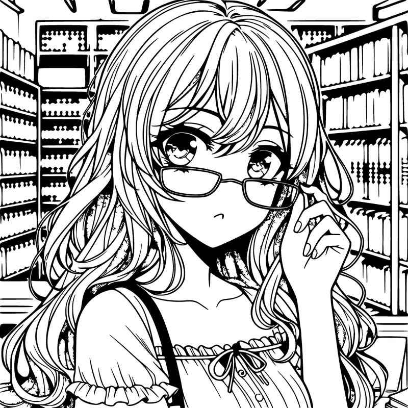 beautiful manga girl with glasses in a library