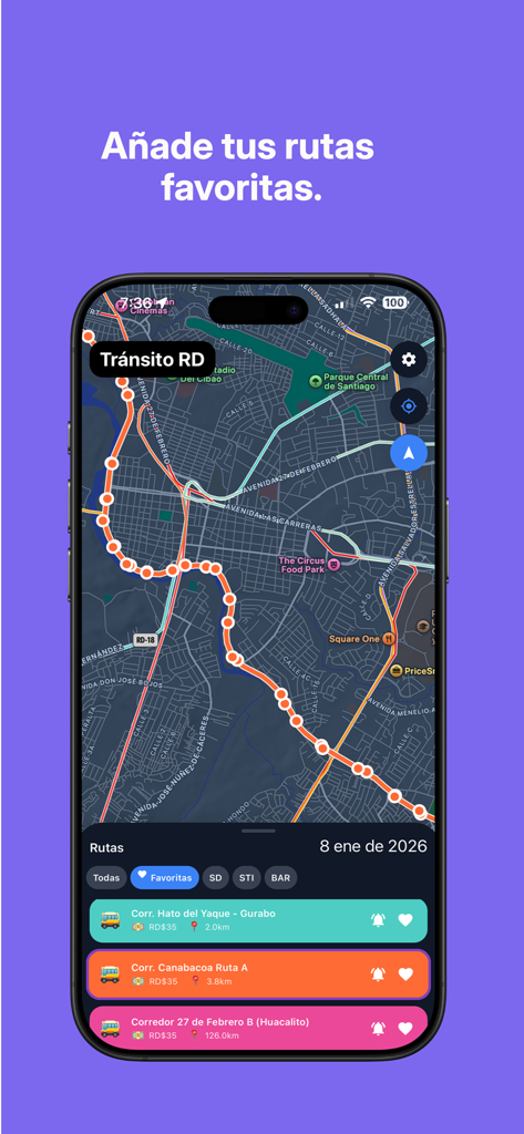 Interfaz de la aplicación móvil Tránsito RD que muestra un mapa en tiempo real con rutas de transporte público favoritas en Santiago