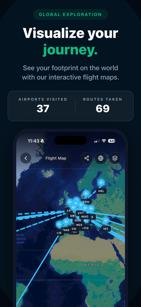 FlightLog – Flight Logbook - App-Oberfläche, die eine interaktive Flugkarte mit Routen und Flughafensstatistiken anzeigt