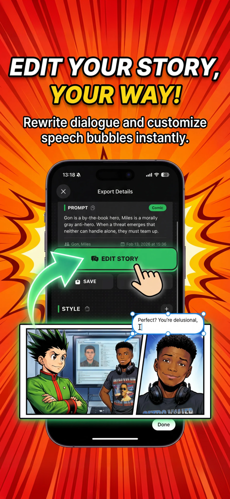 INKY: AI Manga, Comic & Anime - A mobile screen showing the INKY app interface for editing manga dialogue and speech bubbles in a multi-panel comic.