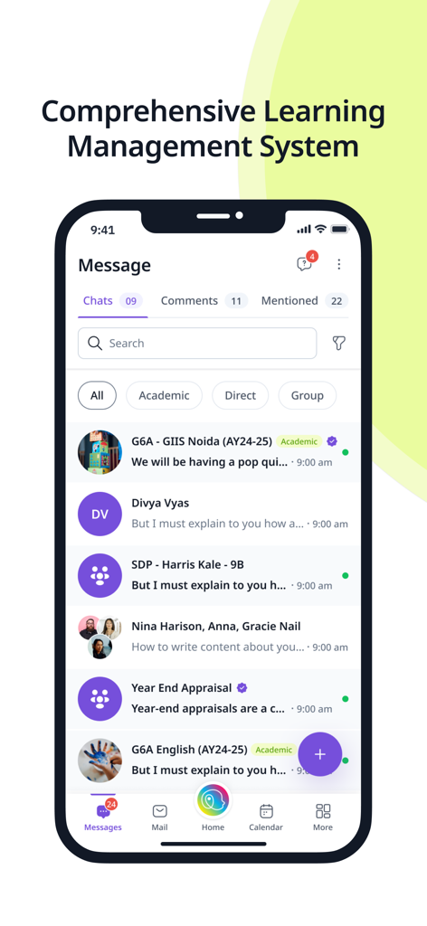 SmartLearn App - Écran de messagerie de l'application SmartLearn affichant des groupes de discussion académiques et des messages directs pour les élèves et les éducateurs