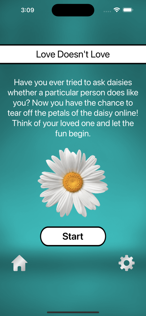 Love Test: Love Calculator - Interfaccia dell'app Love Test che mostra una margherita virtuale per il gioco "mi ama, non mi ama"