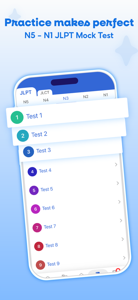 Maziiアプリのインターフェース。日本語学習者向けのN5からN1レベルまでのJLPT模擬試験リストが表示されています。