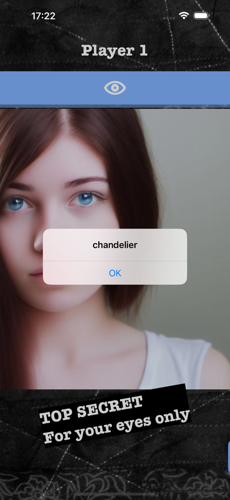 インポスターは誰だ？アプリのゲームプレイ画面。プレイヤー1の秘密の単語「シャンデリア」が表示されている。
