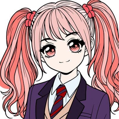 realistic girl with two ponytails and a suit on