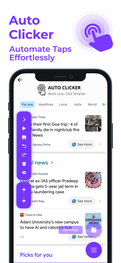 Interface of the Auto Clicker Tap Automation app showing a floating control panel for automated scrolling and clicking on an iPhone news feed.
