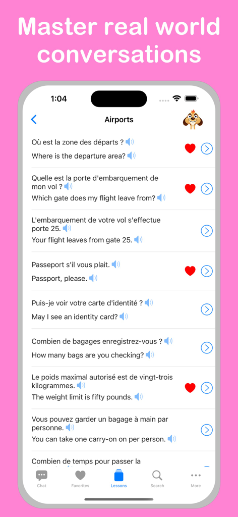 Learn French Plus app displaying a list of French and English phrases for an airport lesson