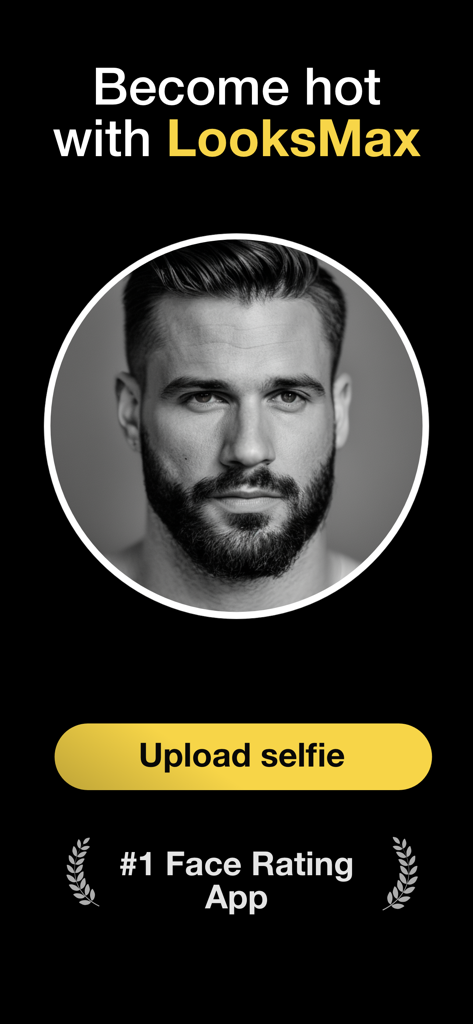 Looksmaxxing app home screen featuring a male portrait and a button to upload a selfie for AI face rating