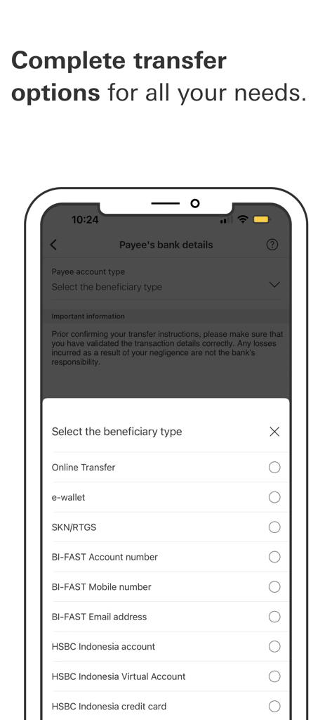 HSBC Indonesia - BI-FASTやe-walletを含む銀行送金のための受取人タイプオプションを表示するHSBCインドネシアモバイルアプリの画面