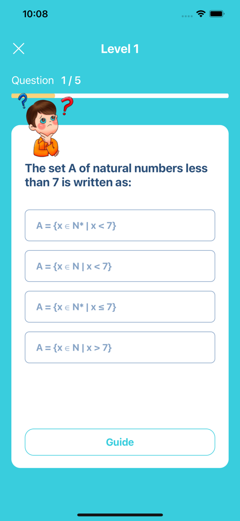6th grade learning games - A sixth grade math quiz question asking to identify the set of natural numbers less than seven using mathematical notation.