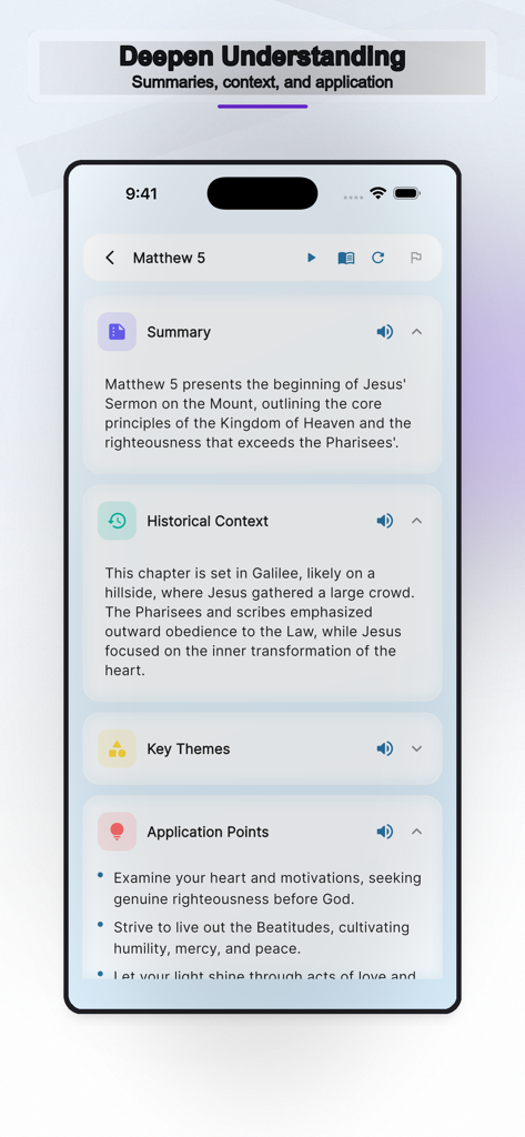 WWJD: Bible Study Companion - Interfaz de la aplicación WWJD que muestra resúmenes de capítulos bíblicos, contexto histórico y puntos de aplicación