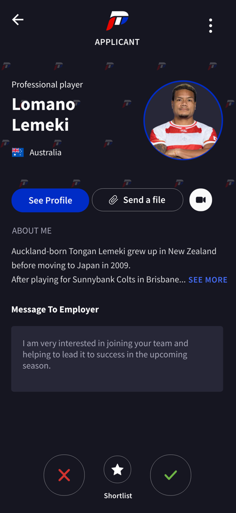 Professionelles Bewerberprofil eines Athleten in der P2P Sport Rekrutierungs-App