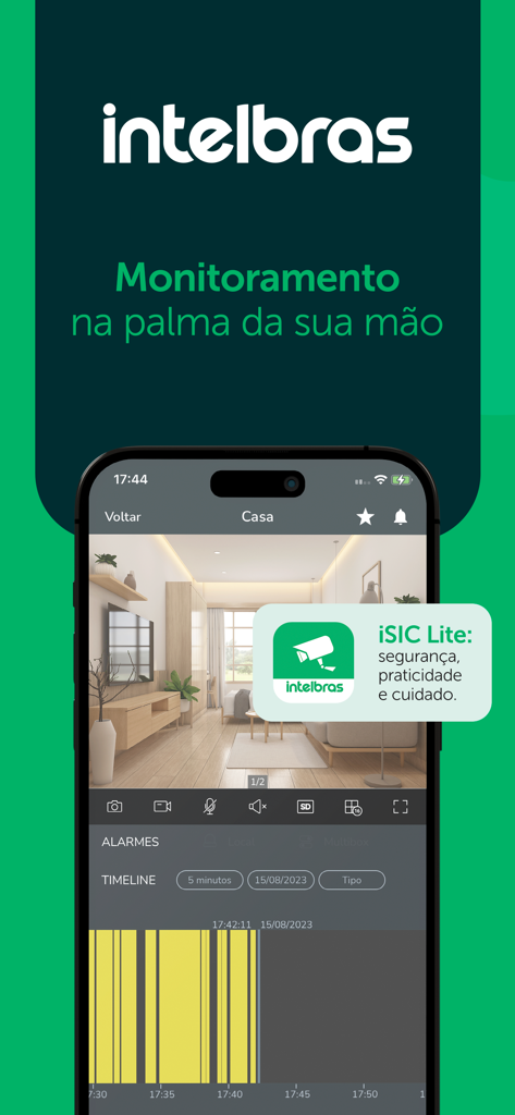 Intelbras ISIC Lite mobile Anwendung, die einen Live-Sicherheitskamer feed des Innenraums eines Hauses zeigt