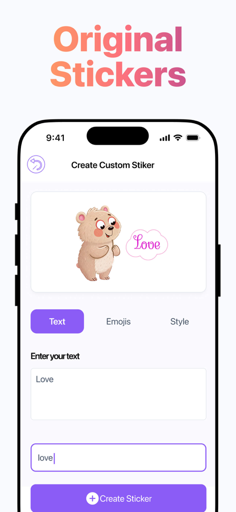 Layout for Instagram + - Pantalla de la aplicación móvil para crear pegatinas personalizadas con una ilustración de oso y herramientas de edición de texto
