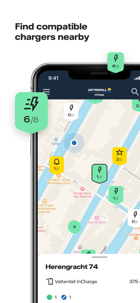 Vattenfall InCharge - Interfaz del mapa de la aplicación Vattenfall InCharge que muestra la ubicación y la disponibilidad en tiempo real de los cargadores de vehículos eléctricos cercanos.