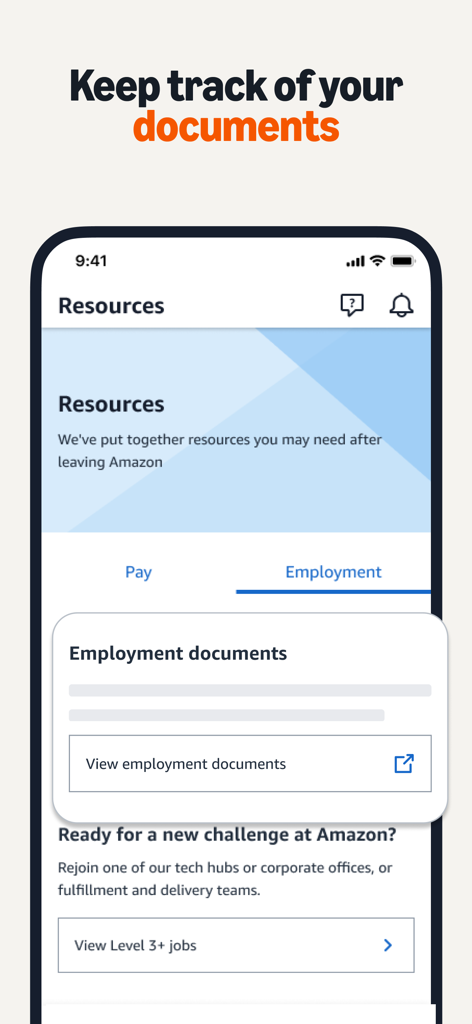 Amazon A to Z - Amazon A to Z app screenshot showing employment documents and resource links for workers.