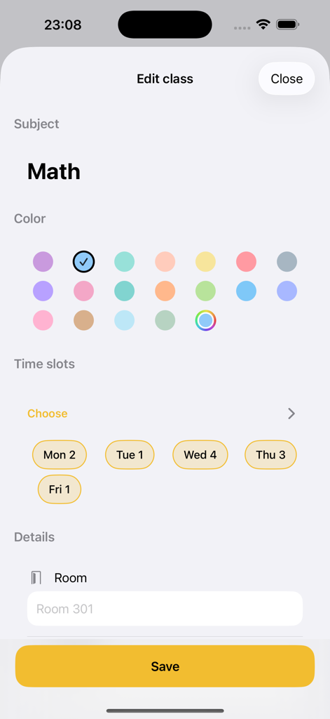 Interface for editing class details including subject color and time slots in the timetable app