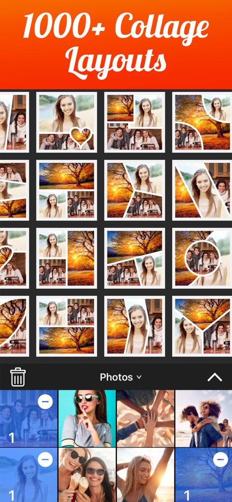 Interfaccia di un'app mobile che mostra varie opzioni di layout per collage e un'area di selezione della galleria fotografica