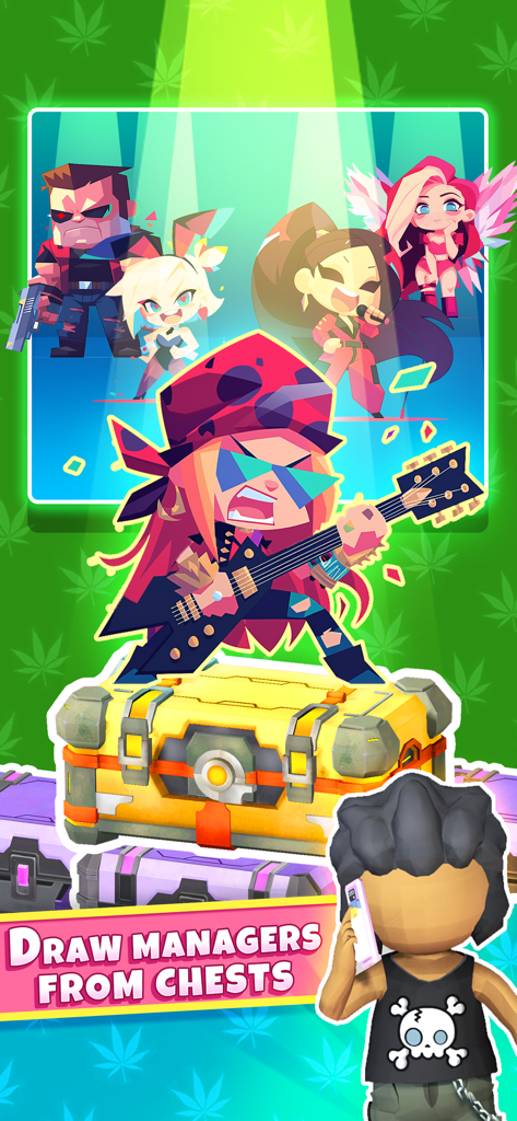 Weed Inc 420: Blaze & Trade - Eine visuelle Anleitung, die zeigt, wie Spieler verschiedene Charakter-Manager aus Loot-Kisten ziehen können, um ihr Geschäft zu verbessern