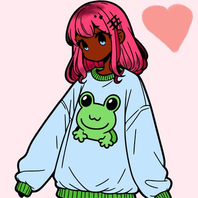 girl wearing frogging sweatshirt