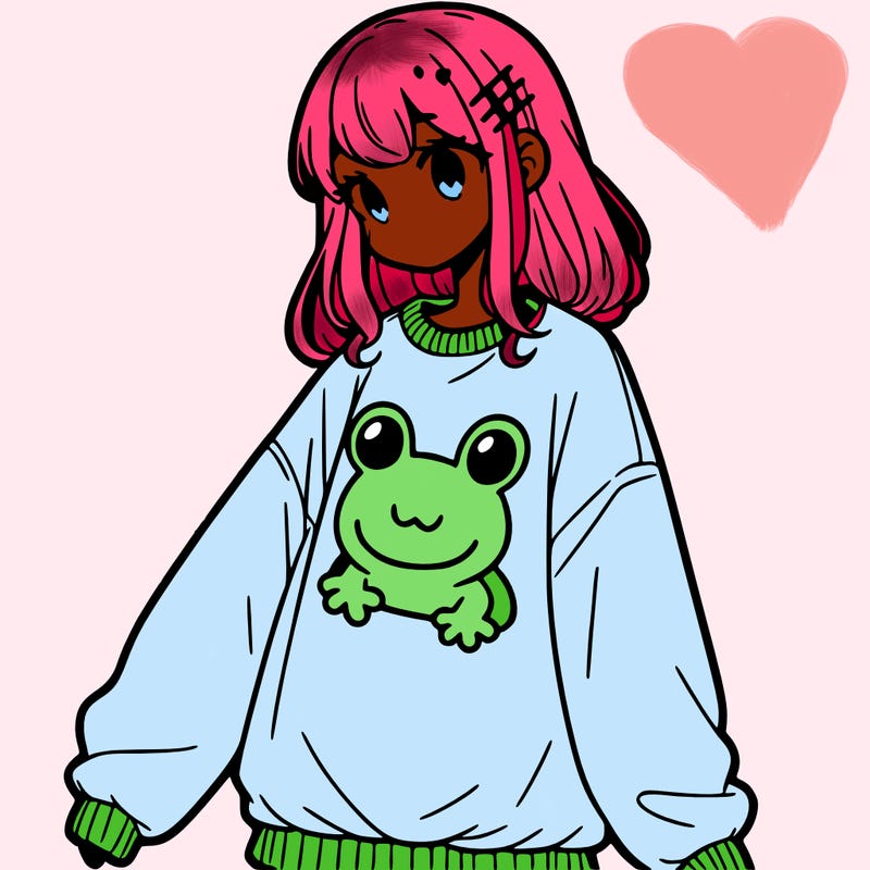 girl wearing frogging sweatshirt
