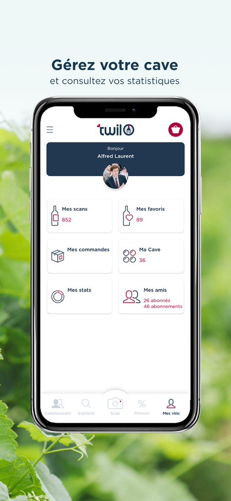 Painel do aplicativo TWIL exibindo gestão de adega, estatísticas e escaneamentos