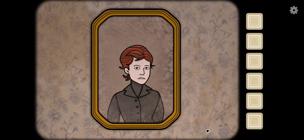 The Past Within - 포인트 앤 클릭 퍼즐 게임에서 꽃무늬 벽지를 배경으로 액자에 담긴 빨간 머리 여성의 일러스트