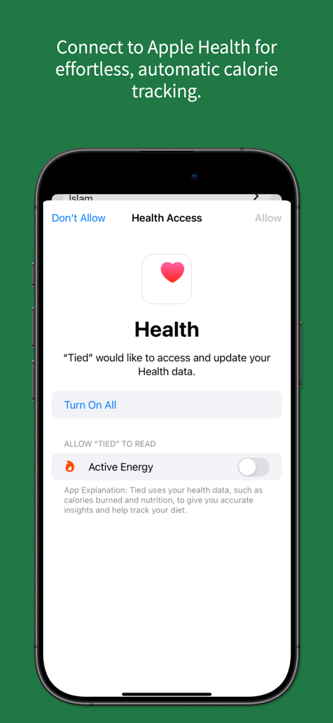 Interface showing Apple Health integration for automatic calorie tracking in the Tied app