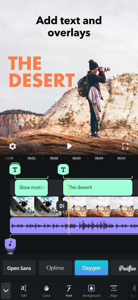 Uma interface de edição de vídeo móvel no aplicativo Splice mostrando como adicionar sobreposições de texto e selecionar fontes para um vlog do deserto.
