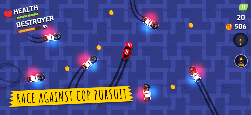 Police Pursuit: Cop Games 2025 - Top-down view of a red car escaping several police cars in an arcade chase game with score and health bars