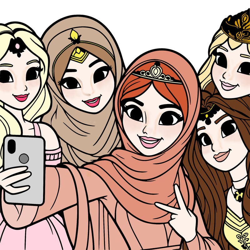 princesses taking a selfie together realistic
